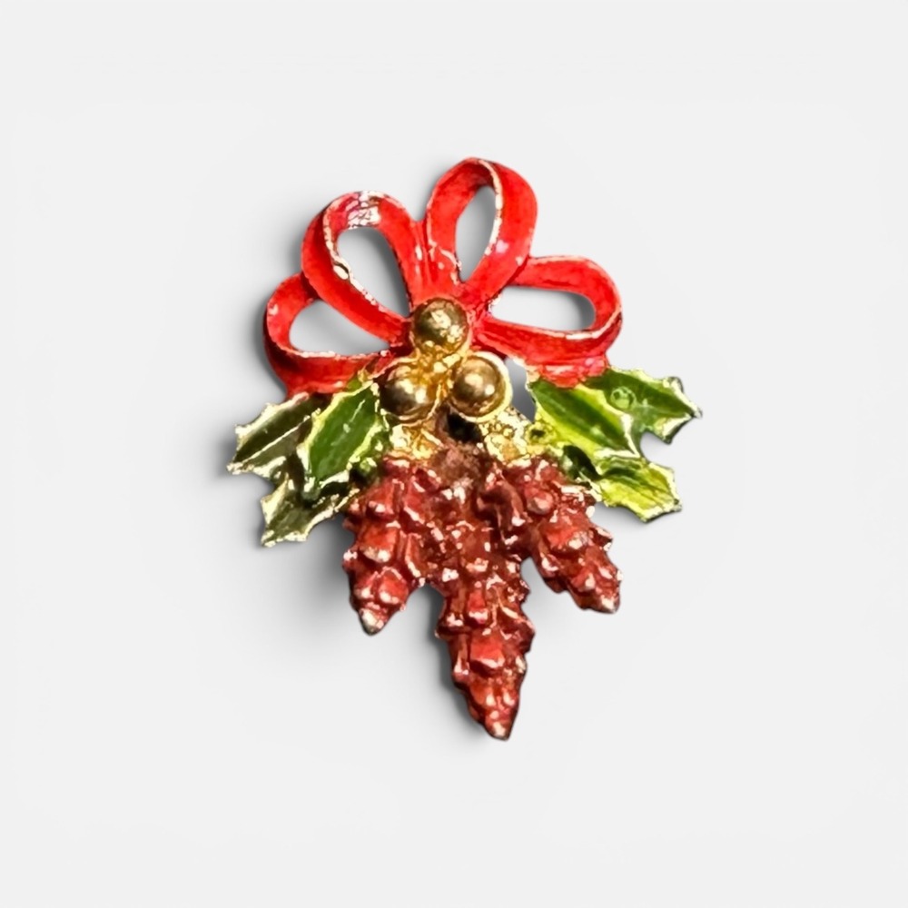 Vintage‎ Christmas Pinecone Brooch Red Bow Holly Gold Tone Holiday Pin